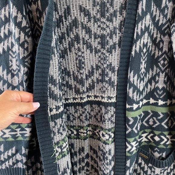 Roxy Blue Green Gray Aztec Tribal Long Line Boyfriend Open Cardigan Size M/L - Picture 2 of 8